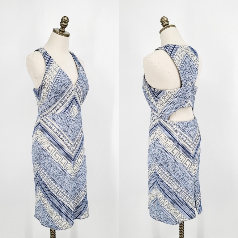 Amanda Uprichard Grecian Mini Dress woven Blue White Open Back Coastal Medium